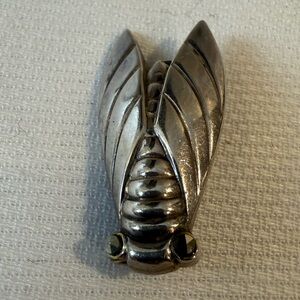 Vintage Sterling Silver Cicada Brooch with rhinestone eyes.